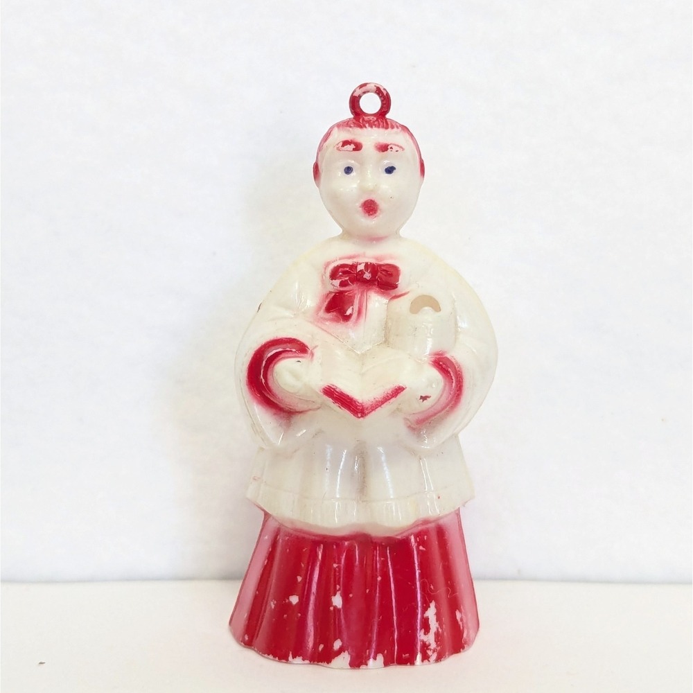 Vintage Choir Boy Christmas Ornament Hard Plastic Red White 1950s